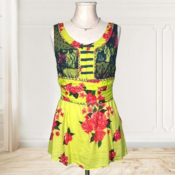 FREE PEOPLE Lace Trim Tie Waist Dainty Top Floral Green Cheongsam Qipao Inspired - Picture 1 of 9